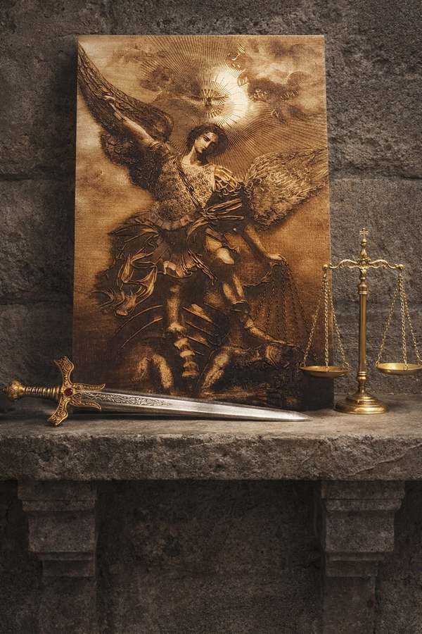 Archangel Michael Defeating Satan – Hand Engraved Christian Wood Wall Art | St. Michael Catholic Religious Decor
