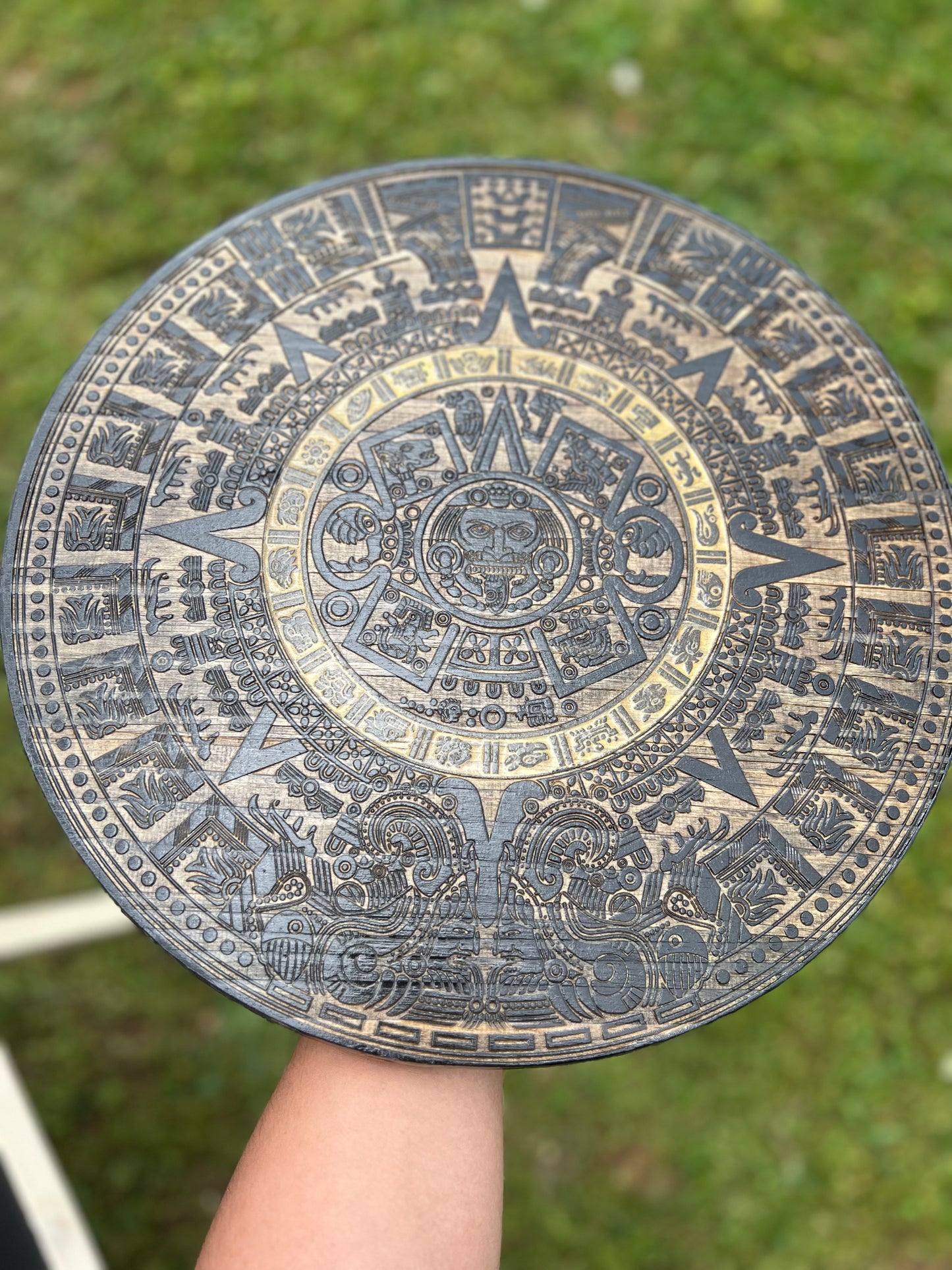 Gold epoxy ring Stained Aztec calendar