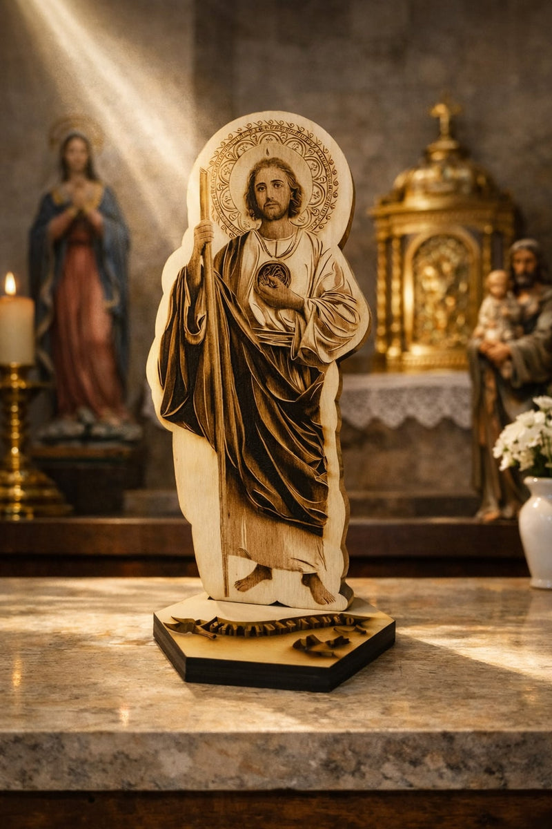 San Judas Tadeo Wooden Statue – Saint Jude Catholic Self Standing Altar Decor | Engraved Wood
