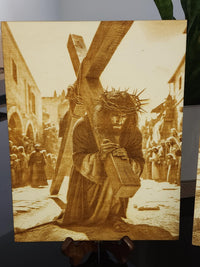 Jesus Carrying the Cross Wood Engraving – Christian Wall Art | Passion of Christ Religious Decor