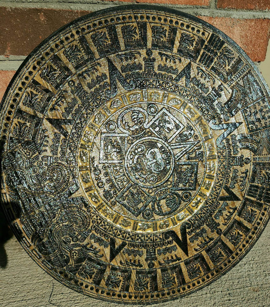 Gold epoxy ring Stained Aztec calendar