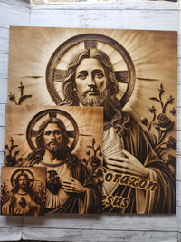 Sacred Heart of Jesus Engraved Wood Wall Art – Catholic Religious Wall Decor – Handmade Christian Home Altar Art