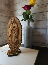 Our Lady of Guadalupe Wood Engraving – Catholic Wall Art & Standing Altar Statue