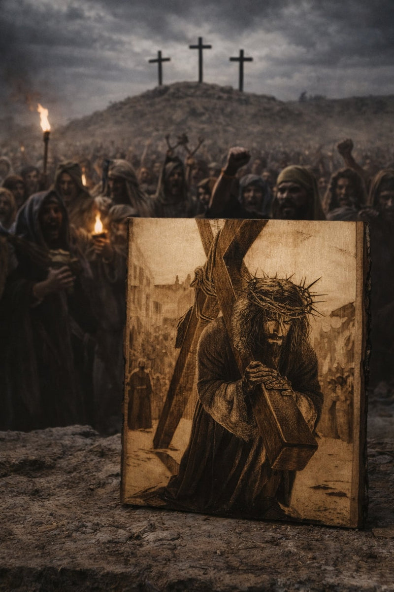 Jesus Carrying the Cross Wood Engraving – Christian Wall Art | Passion of Christ Religious Decor