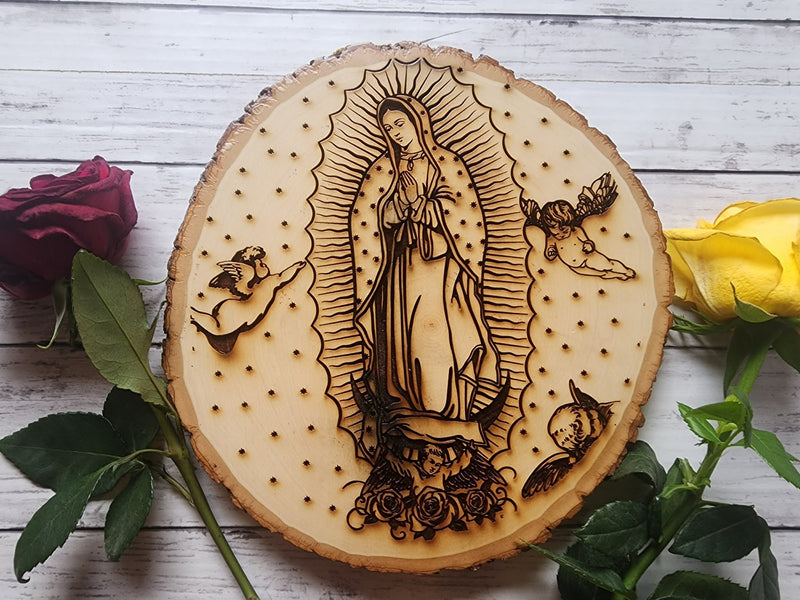 Our Lady of Guadalupe Laser Engraved Wood Plaque – Handmade Catholic Religious Wall Art