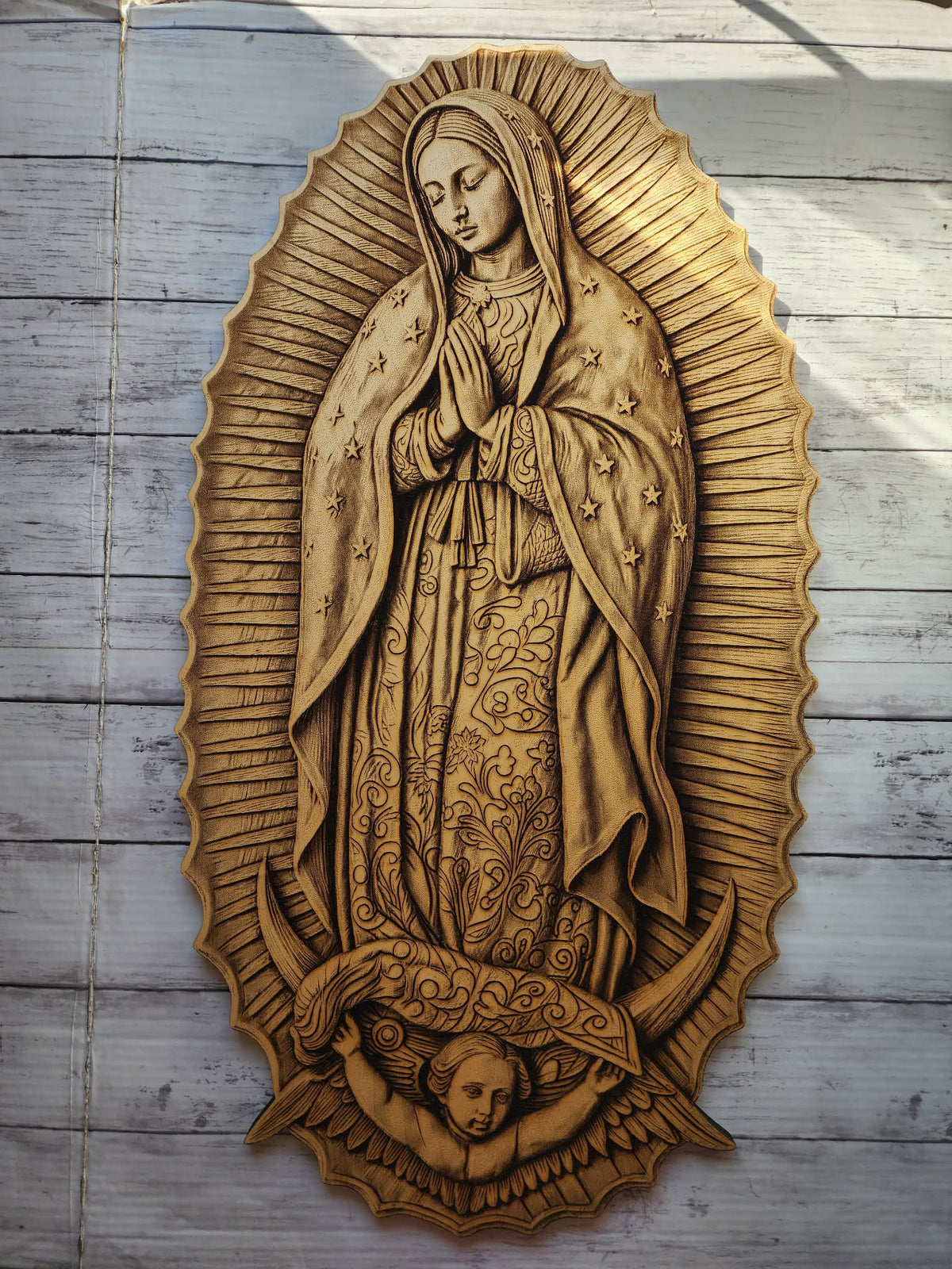Our Lady of Guadalupe Wood Engraving – Catholic Wall Art & Standing Altar Statue