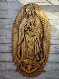 Our Lady of Guadalupe Wood Engraving – Catholic Wall Art & Standing Altar Statue