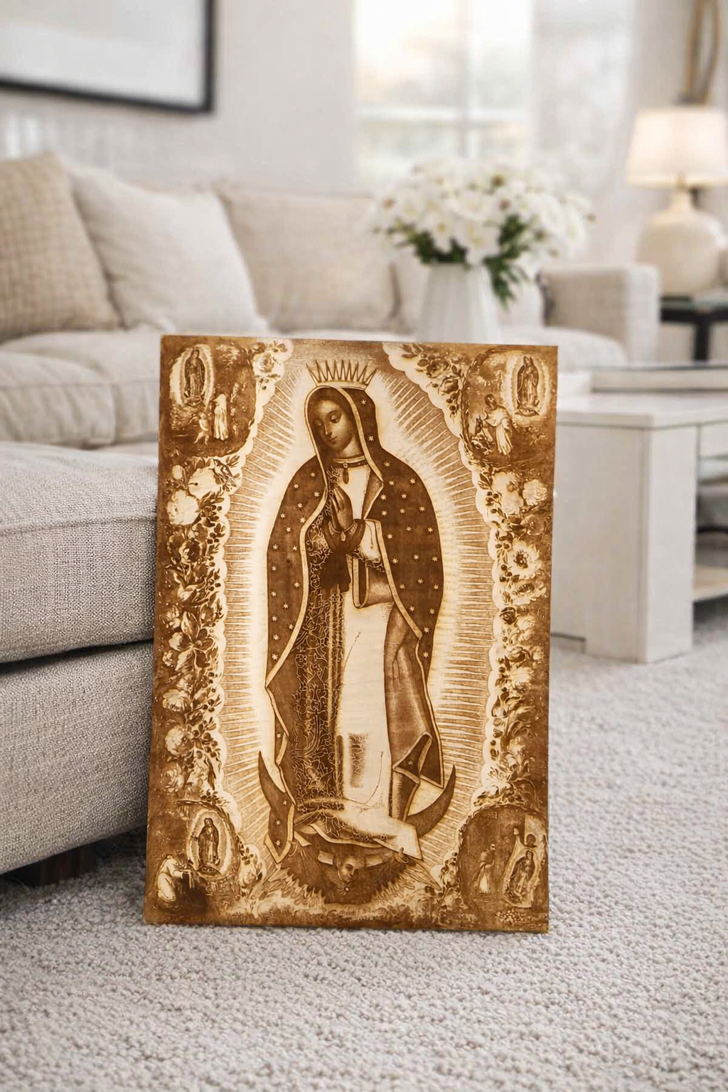 Our Lady of Guadalupe Apparition Wood Engraving – Juan Diego Miracle Catholic Wall Art