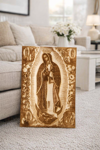 Our Lady of Guadalupe Apparition Wood Engraving – Juan Diego Miracle Catholic Wall Art