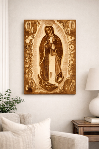 Our Lady of Guadalupe Apparition Wood Engraving – Juan Diego Miracle Catholic Wall Art