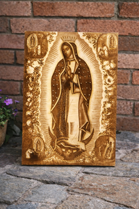 Our Lady of Guadalupe Apparition Wood Engraving – Juan Diego Miracle Catholic Wall Art