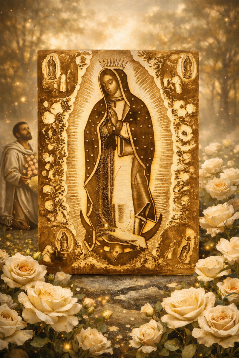 Our Lady of Guadalupe Apparition Wood Engraving – Juan Diego Miracle Catholic Wall Art