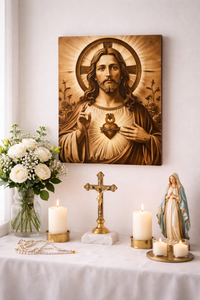 Sacred Heart of Jesus Engraved Wood Wall Art – Catholic Religious Wall Decor – Handmade Christian Home Altar Art