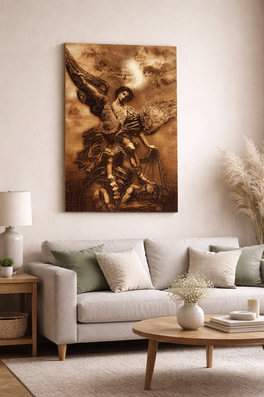 Archangel Michael Defeating Satan – Hand Engraved Christian Wood Wall Art | St. Michael Catholic Religious Decor
