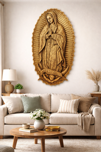 Our Lady of Guadalupe Wood Engraving – Catholic Wall Art & Standing Altar Statue
