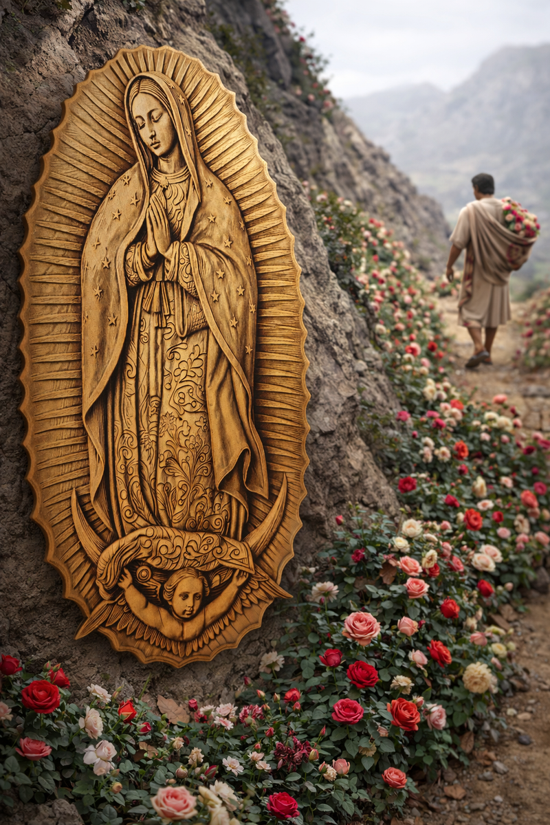 Our Lady of Guadalupe Wood Engraving – Catholic Wall Art & Standing Altar Statue