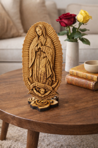 Our Lady of Guadalupe Wood Engraving – Catholic Wall Art & Standing Altar Statue