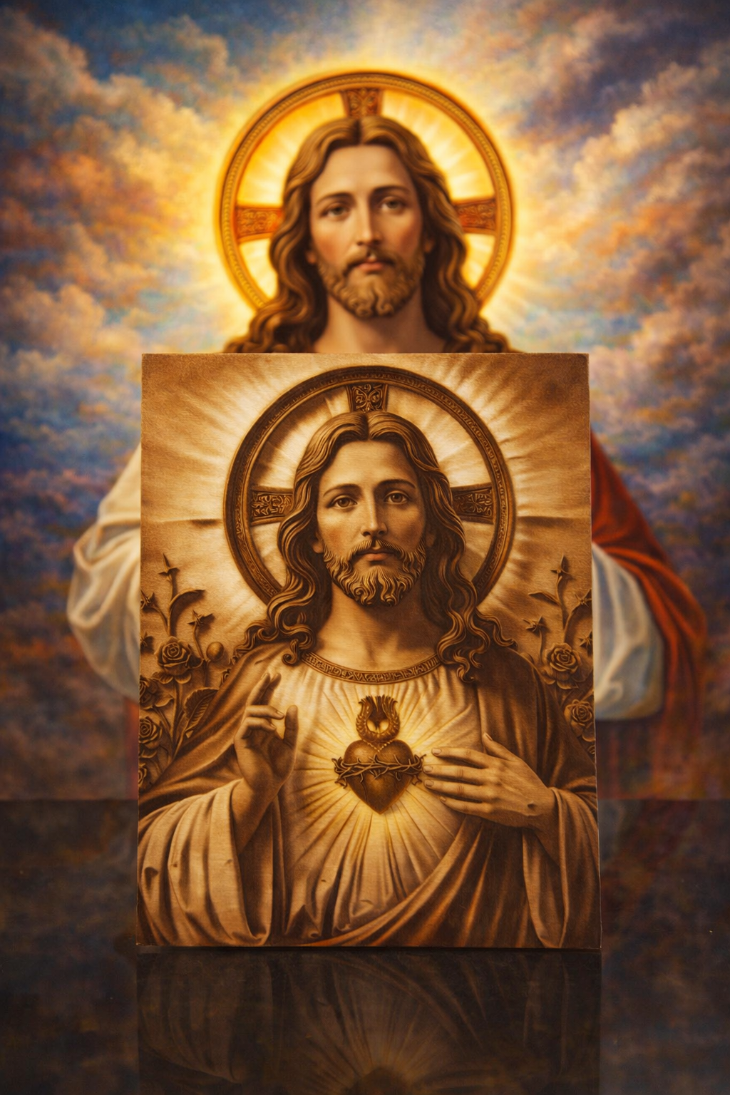 Sacred Heart of Jesus Engraved Wood Wall Art – Catholic Religious Wall Decor – Handmade Christian Home Altar Art