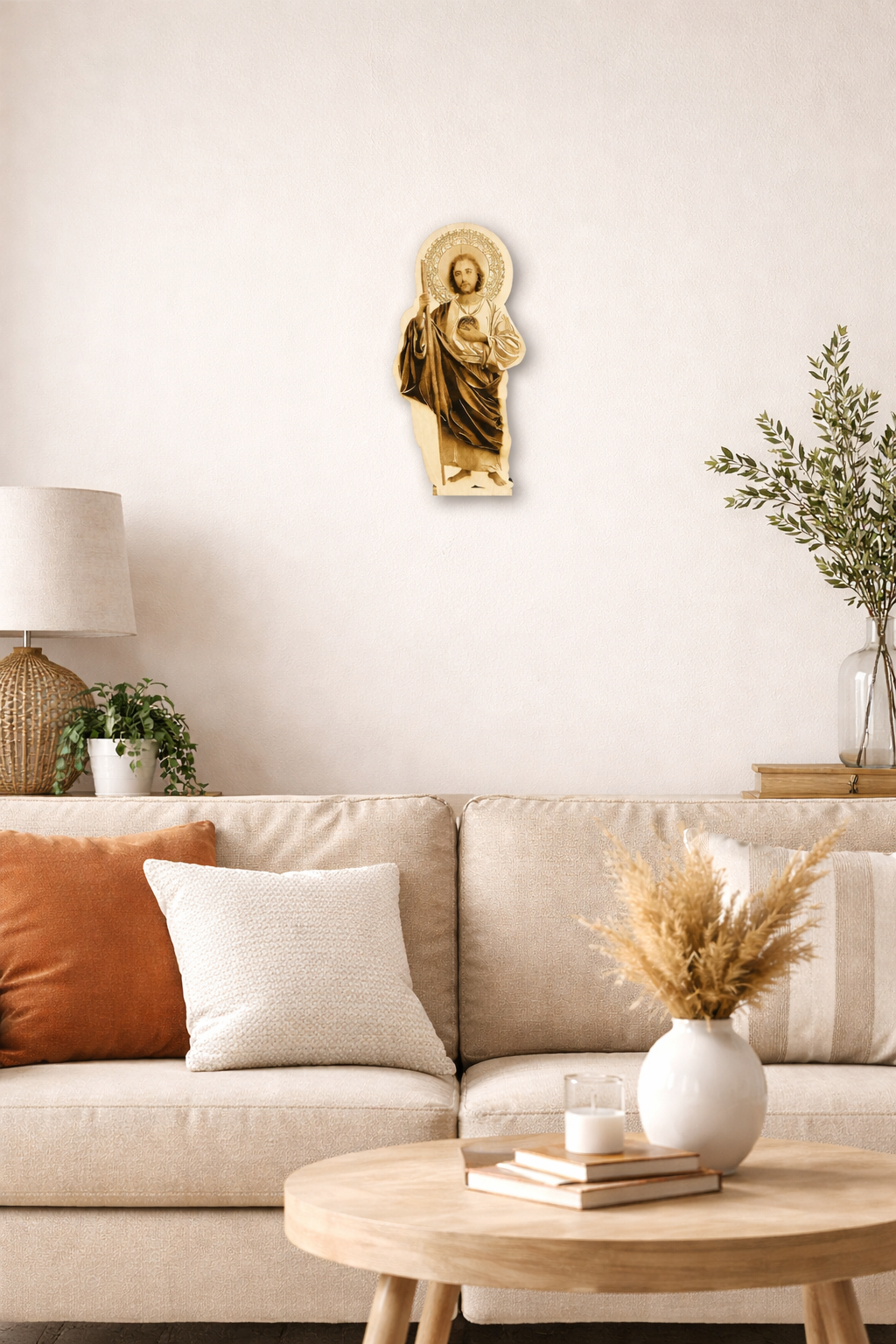 San Judas Tadeo Wooden Statue – Saint Jude Catholic Self Standing Altar Decor | Engraved Wood