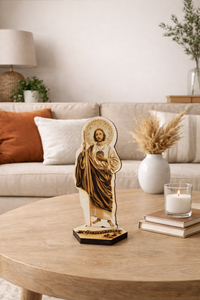 San Judas Tadeo Wooden Statue – Saint Jude Catholic Self Standing Altar Decor | Engraved Wood