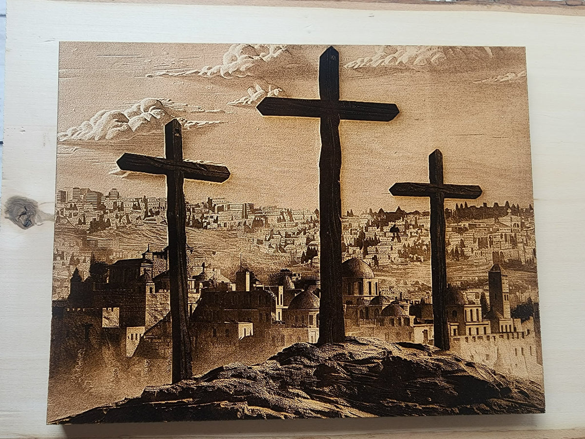 Three Crosses of Calvary – Jesus Crucifixion Wooden Wall Art | Christian Laser Engraved Wood Decor