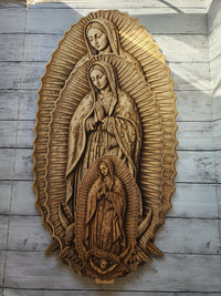 Our Lady of Guadalupe Wood Engraving – Catholic Wall Art & Standing Altar Statue