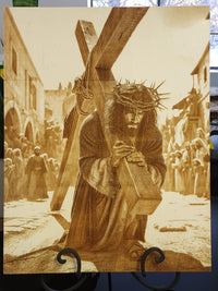 Jesus Carrying the Cross Wood Engraving – Christian Wall Art | Passion of Christ Religious Decor