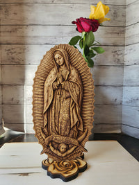 Our Lady of Guadalupe Wood Engraving – Catholic Wall Art & Standing Altar Statue