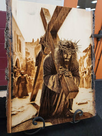 Jesus Carrying the Cross Wood Engraving – Christian Wall Art | Passion of Christ Religious Decor