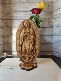 Our Lady of Guadalupe Wood Engraving – Catholic Wall Art & Standing Altar Statue