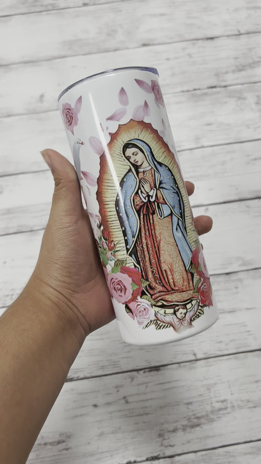 Pink floral Virgin Mary tumbler