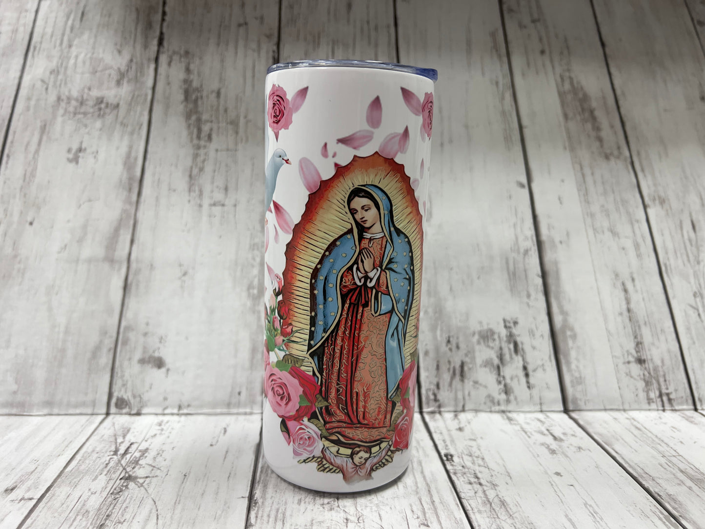 Pink floral Virgin Mary tumbler