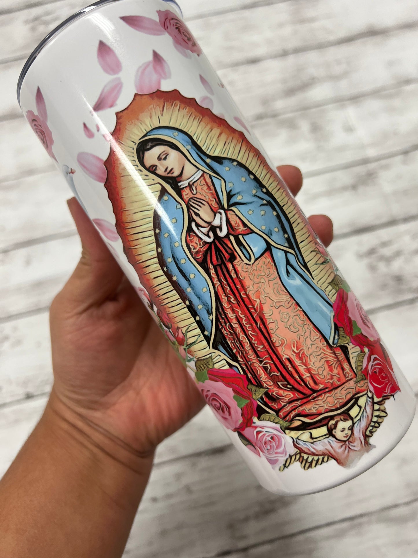 Pink floral Virgin Mary tumbler