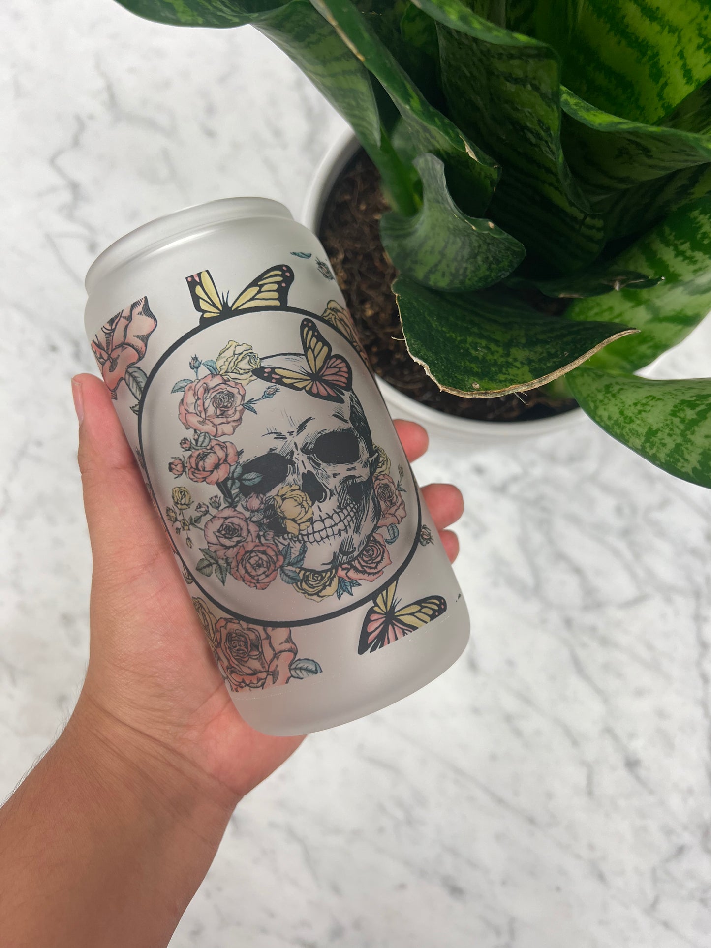 Flower skull glass can